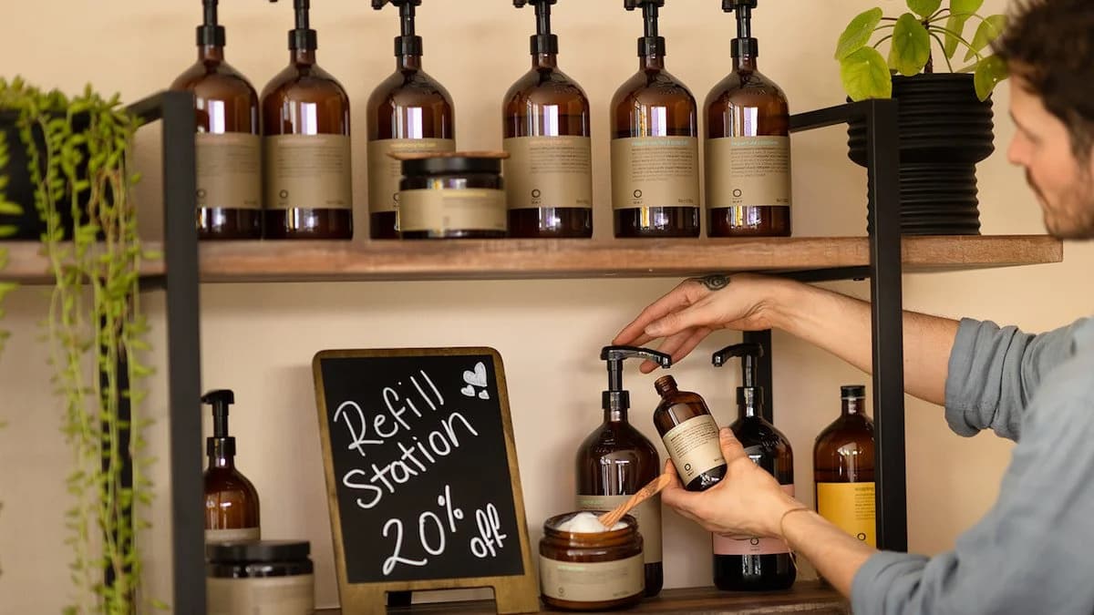Curjo Hair refill station with sustainable Oway products in glass bottles