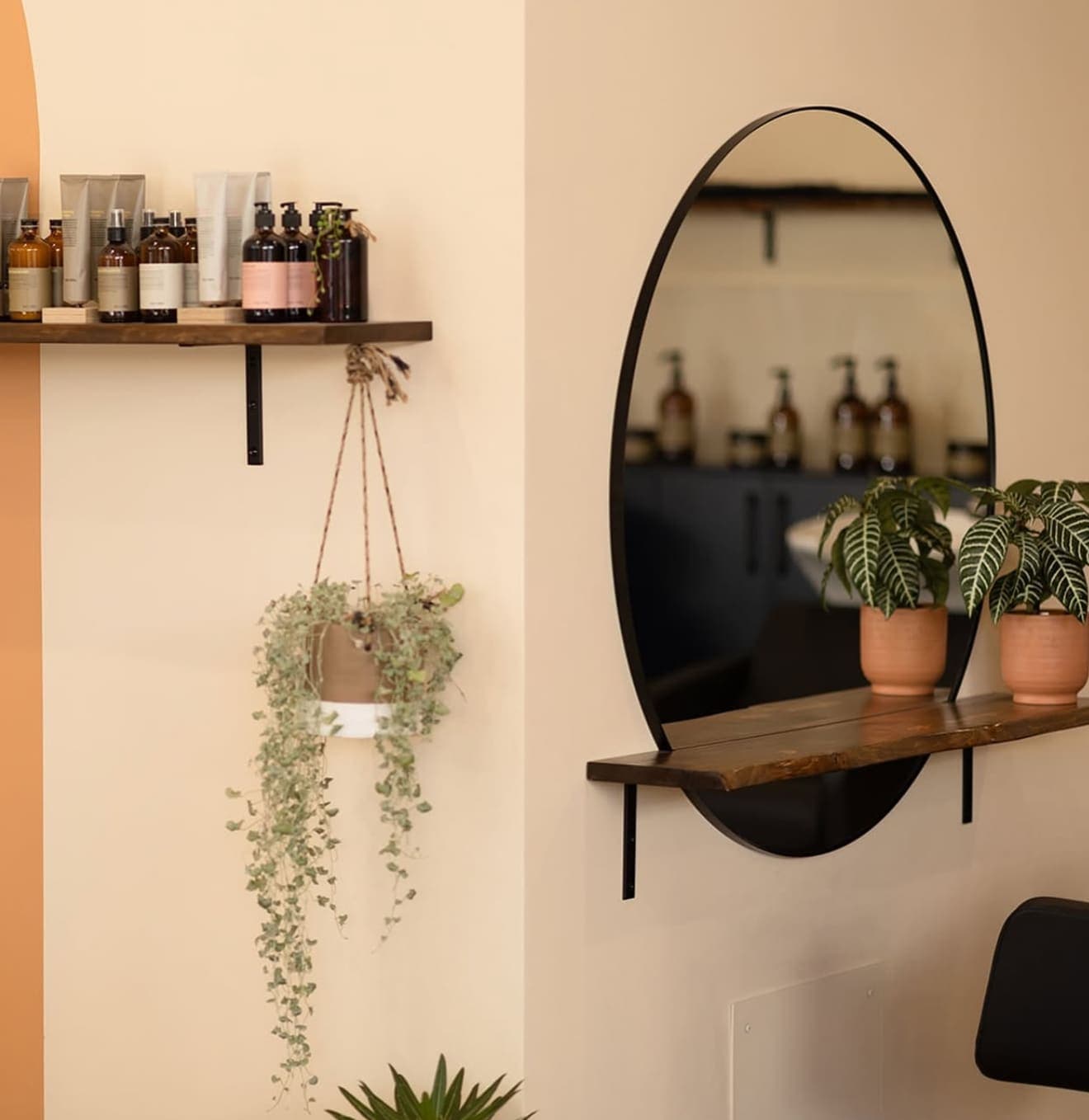 Curjo Hair styling station with warm, calm styling details